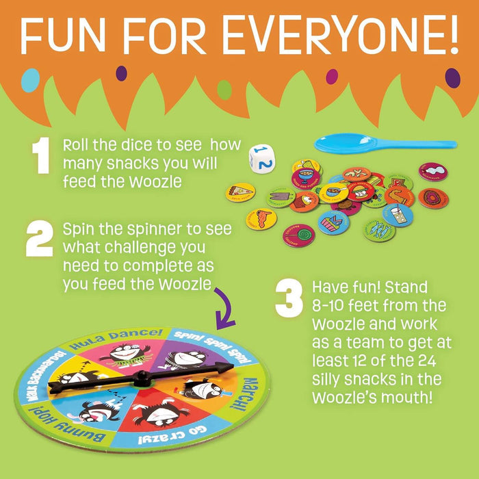 Instructional graphic showing a blue spoon, illustrated snack tokens, a white die, and a colorful challenge spinner.