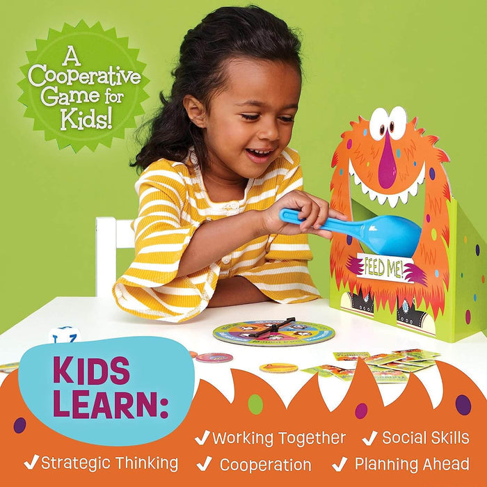 Smiling child feeds an orange monster cutout with a blue spoon. Text lists cooperative, social, and strategic skills.