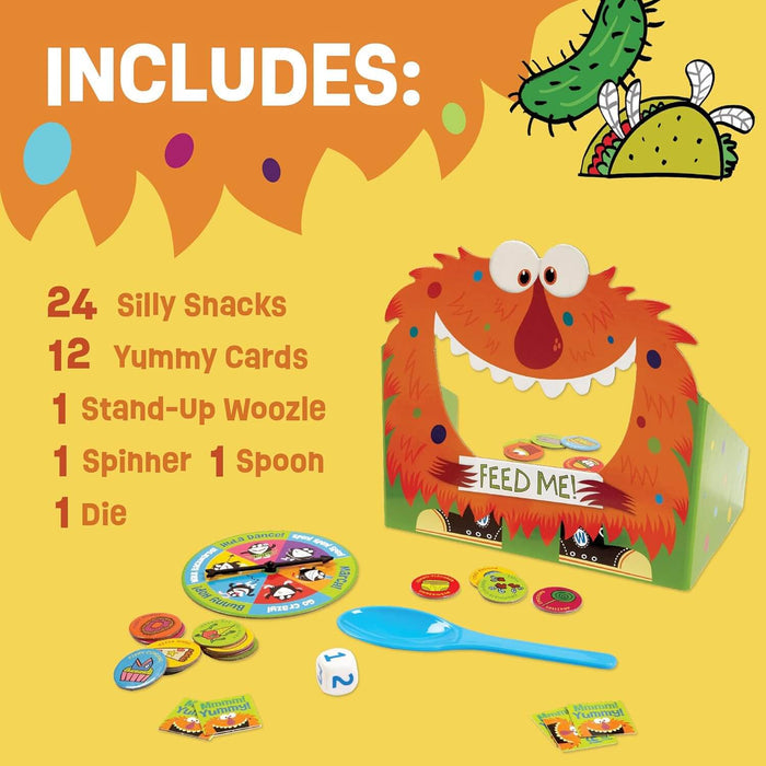 Includes list next to an orange monster cutout, blue spoon, die, and colorful tokens on a yellow background.