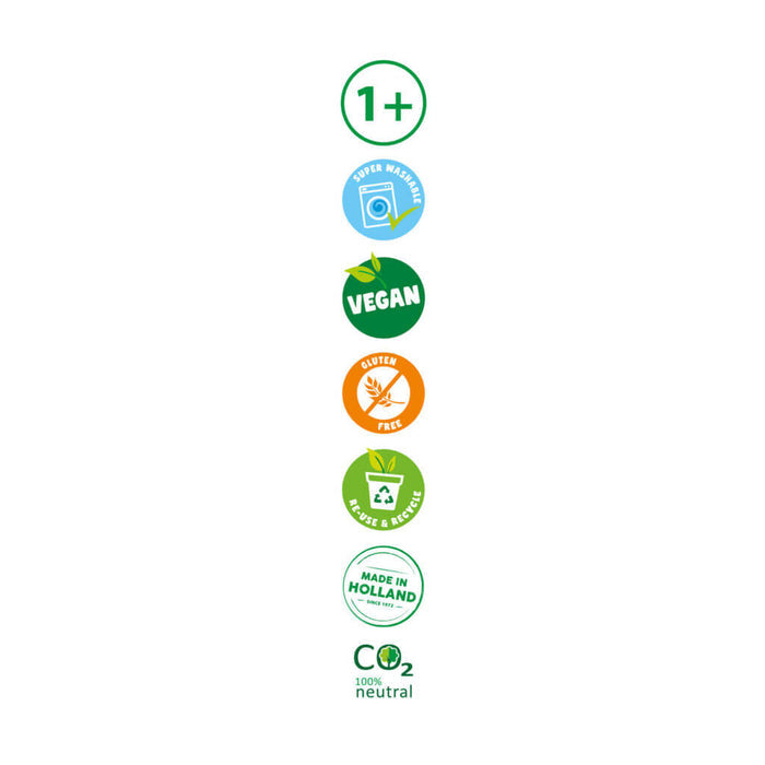 Vertical row of colorful icons: age 1+, super washable, vegan, gluten-free, recyclable, made in Holland, and CO2 neutral.