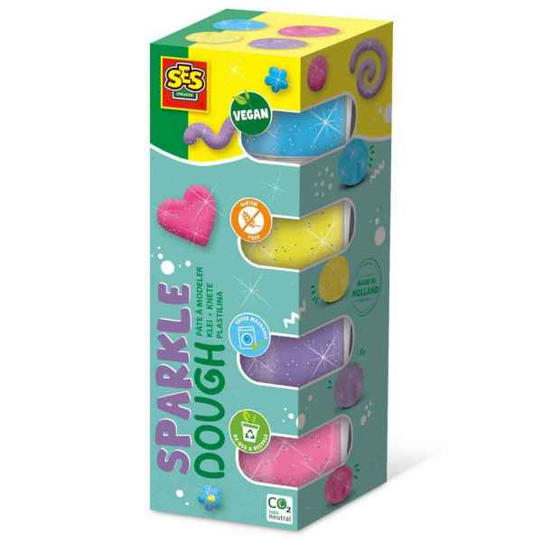 Tall teal box with windows revealing four jars of glittery modeling clay in blue, yellow, purple, and pink.