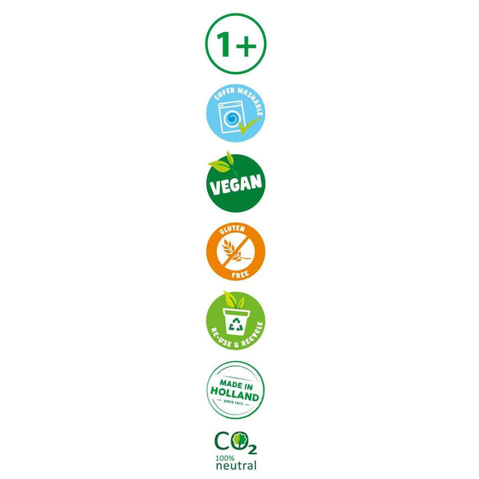 Vertical list of icons: 1 plus age, super washable, vegan, gluten free, recyclable, made in Holland, and CO2 neutral.