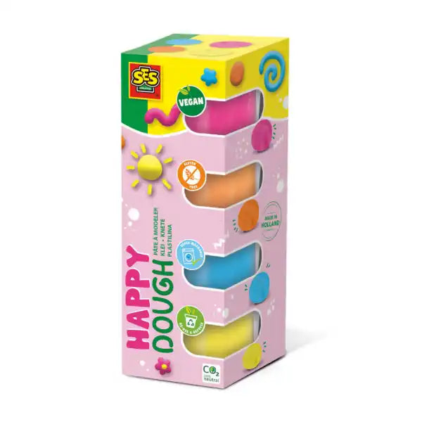 Vertical pink box showing jars of pink, orange, blue, and yellow play dough through four cutout windows.