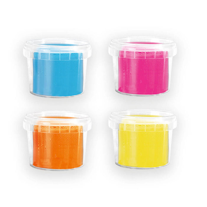 Four clear plastic tubs containing bright blue, pink, orange, and yellow play dough, arranged in a grid.