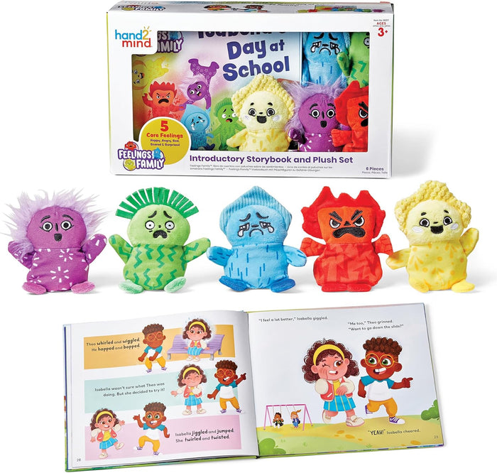 Five colorful, expressive plush characters with an open illustrated storybook and their product packaging.