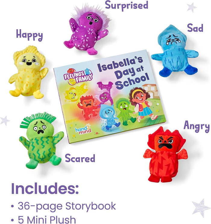 A storybook with five colorful mini plush toys representing happy, sad, angry, scared, and surprised emotions.