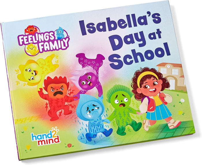 Isabella's Day at School book cover with a girl and five colorful, expressive monster characters representing feelings.