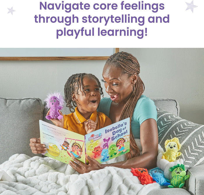 Woman and child read a colorful storybook together, holding small, brightly colored plush toys with expressive faces.