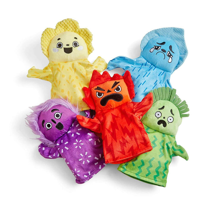 Five colorful plush hand puppets in yellow, blue, red, purple, and green with distinct expressive faces.