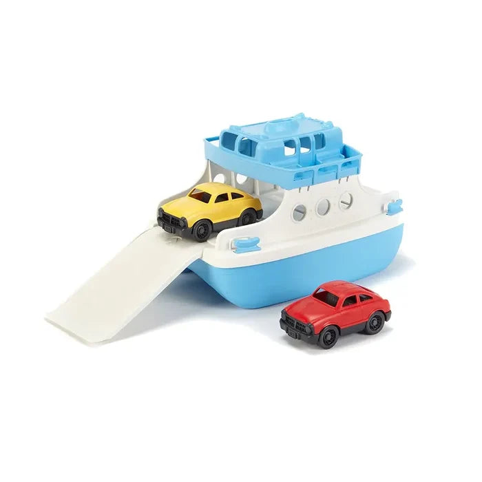 Light blue and white toy ferry boat with ramp extended, featuring a yellow car on deck and a red car beside it.