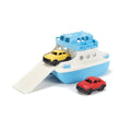 Light blue and white toy ferry boat with ramp extended, featuring a yellow car on deck and a red car beside it.