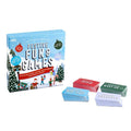 Light blue box with winter illustrations and four colorful decks of festive trivia, charades, and guessing games.