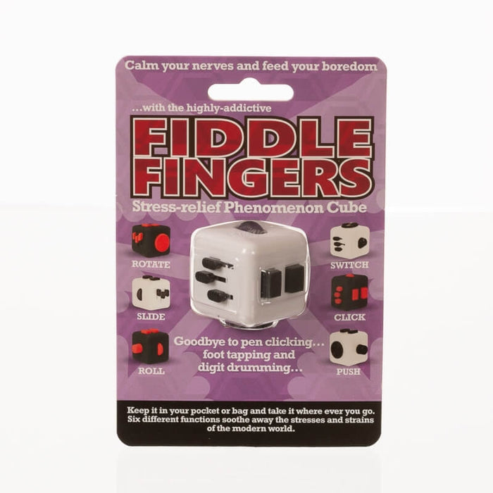 White and black fidget cube in purple retail packaging with diagrams showing six interactive functions like rotate and click.