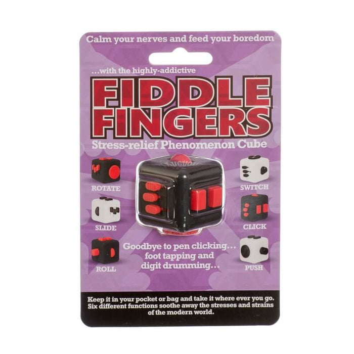 Black and red fidget cube in purple retail packaging, displaying six interactive sides with buttons and switches.