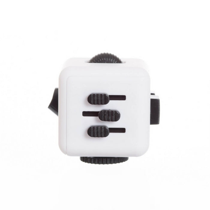 White square fidget cube featuring black sliding switches, rotating gears, and tactile buttons on multiple sides.
