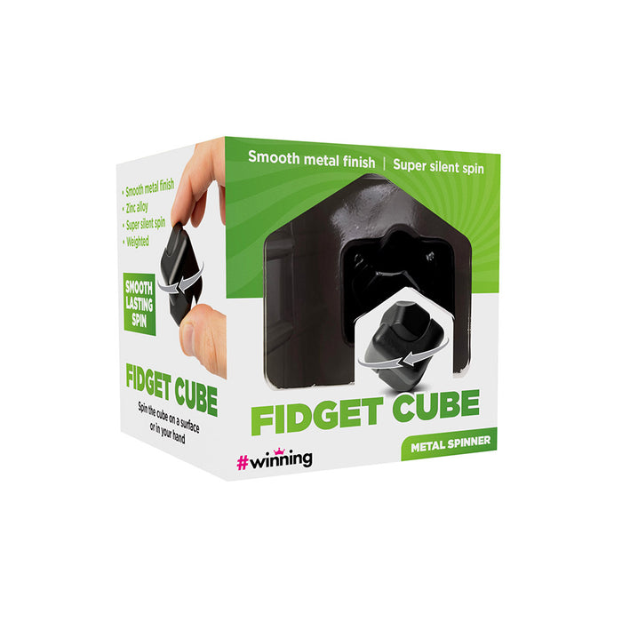 Black metal fidget cube spinner in green and white packaging showing the toy being spun between fingers.