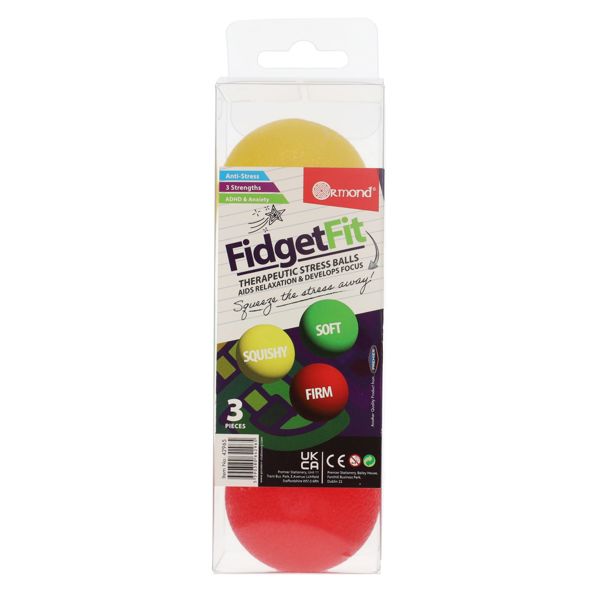 Three round yellow, green, and red stress balls in clear plastic packaging with squishy, soft, and firm labels.