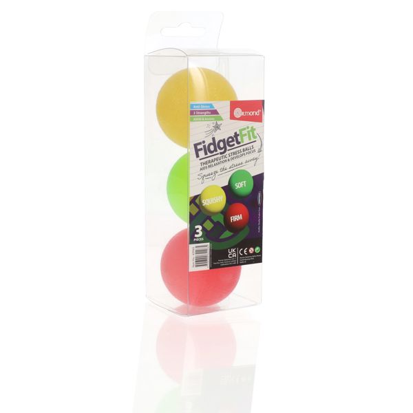 Three yellow, green, and red stress balls in a clear plastic box with labels for squishy, soft, and firm strengths.
