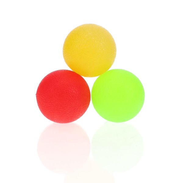 Three round, textured stress balls in red, yellow, and green arranged in a triangle on a white background.