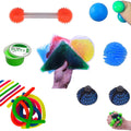 Sensory kit with green putty, colorful gel bead packs, mesh balls, an orange spiked rod, and stretchy noodles.