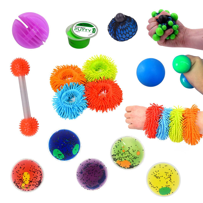 Colorful sensory kit with spiky rings, therapy putty, mesh balls, liquid disks, and textured squeeze toys.