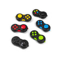 Six handheld controller-shaped fidget toys in black with colorful yellow, red, blue, green, and multicolor buttons.