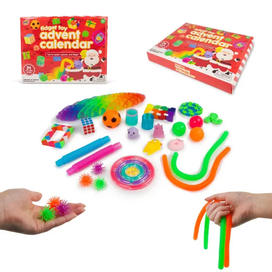 Red advent calendar boxes shown with a variety of colorful fidget toys like a rainbow slug, pop tubes, and squishies.