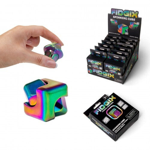 Iridescent rainbow spinning cube toys shown held in hand, individually, and in retail display and packaging.