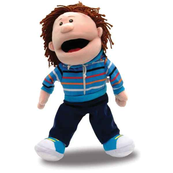 Plush boy hand puppet with brown yarn hair, wearing a blue striped hoodie, navy blue pants, and blue sneakers.