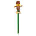 Green pencil with a wooden gingerbread man topper featuring a yellow bow tie and dangling string limbs.