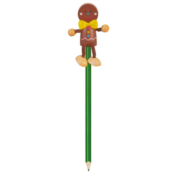 Green pencil with a wooden gingerbread man topper featuring a yellow bow tie and dangling string limbs.