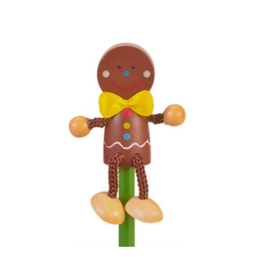 Brown wooden gingerbread man pencil topper with yellow bow tie and rope limbs on a green pencil stem.