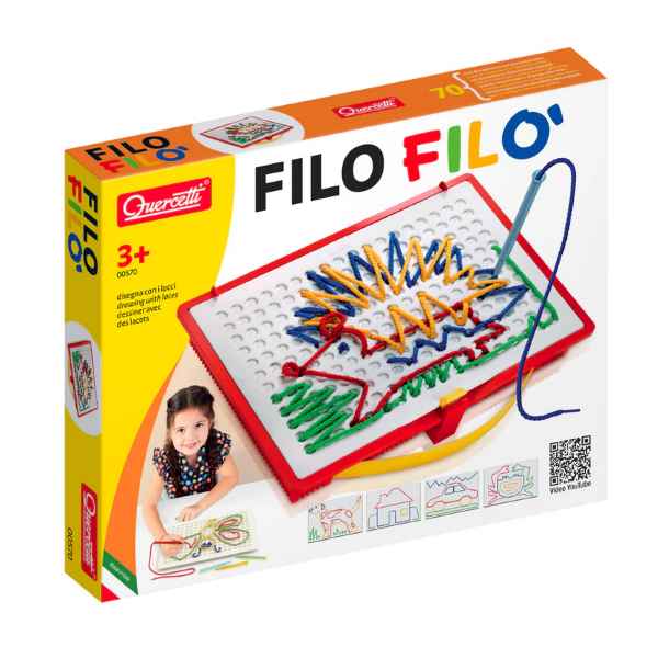 Quercetti lacing toy box showing a red-framed board, colorful laces, a stylus, and a child making string art.