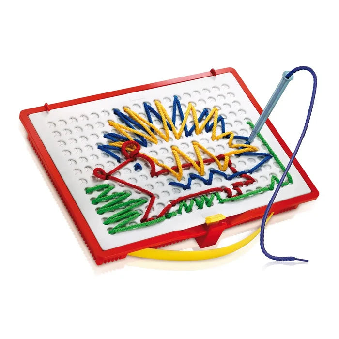 Toy lacing board with red frame, blue stylus, and colorful laces forming a hedgehog design on a white pegboard.