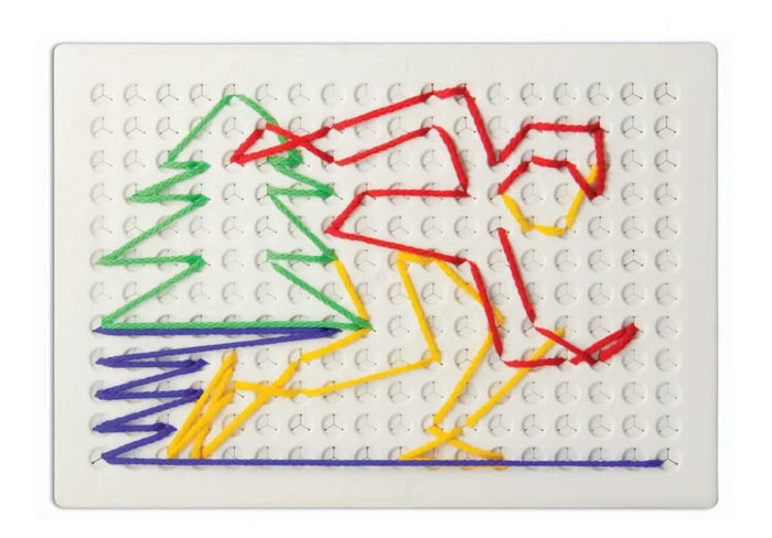 White plastic lacing board with a colorful string art picture of a green tree and a person.