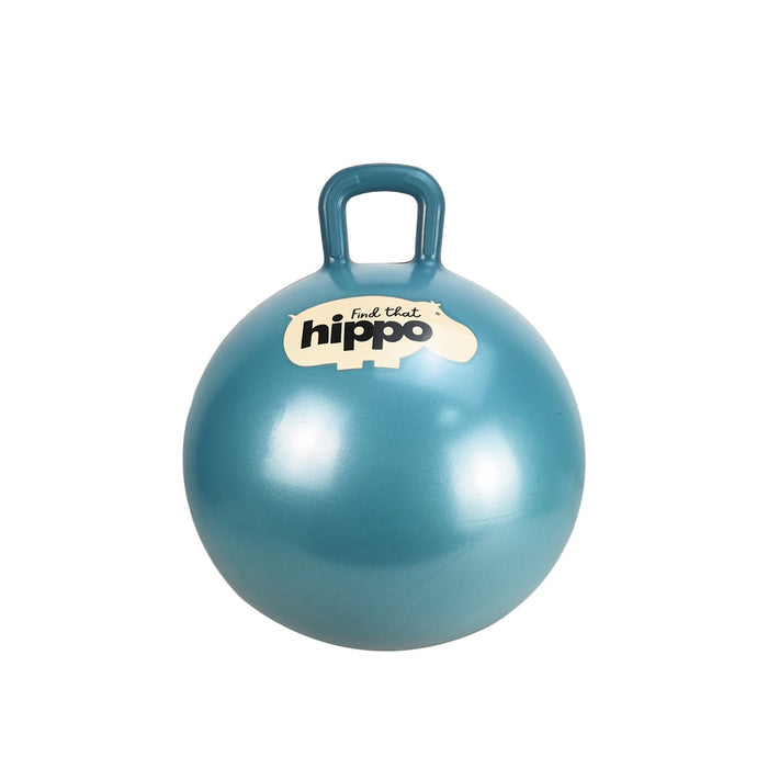 Round dark cyan hopper ball with a top handle and a cream hippo-shaped logo reading find that hippo.