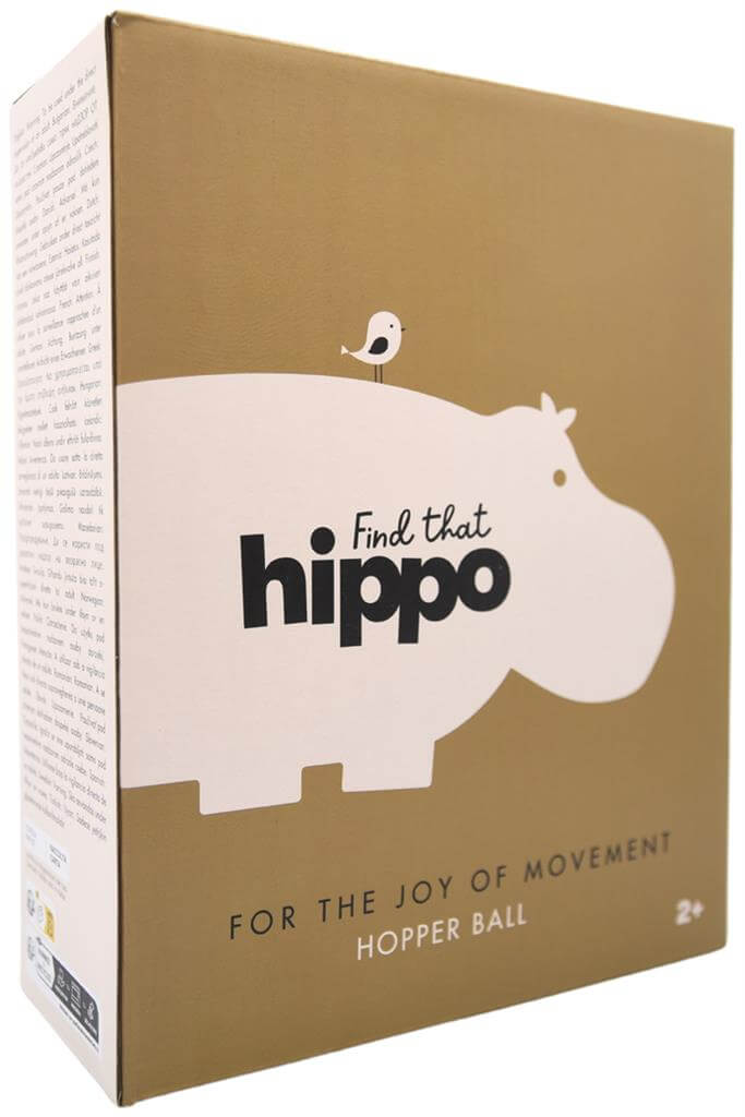Tan and white box packaging for a hippo hopper ball featuring a white hippo silhouette and small bird illustration.