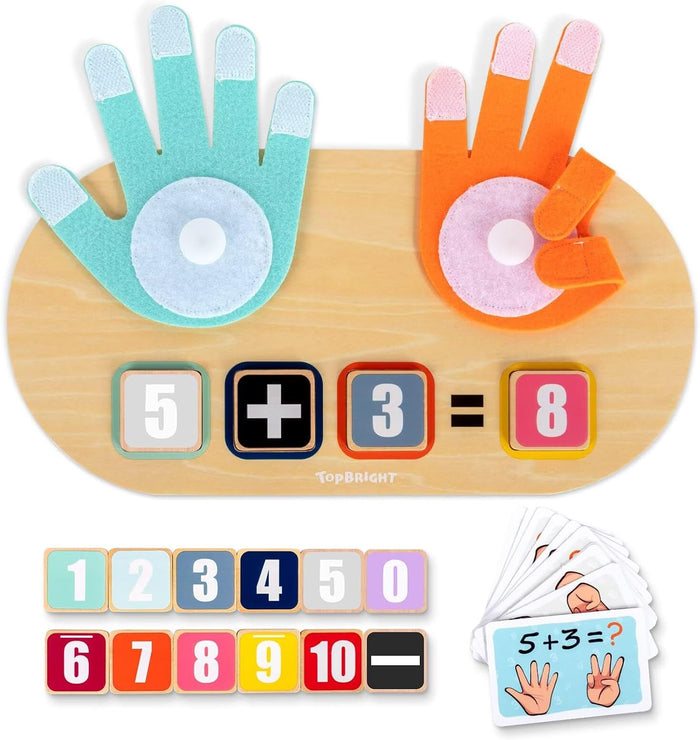 Wooden math board with blue and orange felt hands, number tiles showing 5+3=8, and illustrated flashcards.