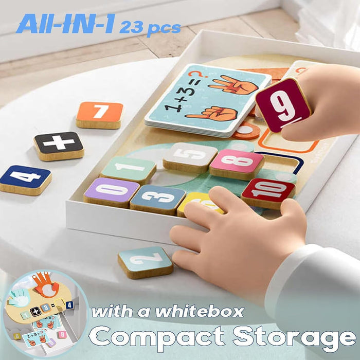 Child using a 23-piece math toy set with colorful wooden number tiles and flashcards in a white storage tray.