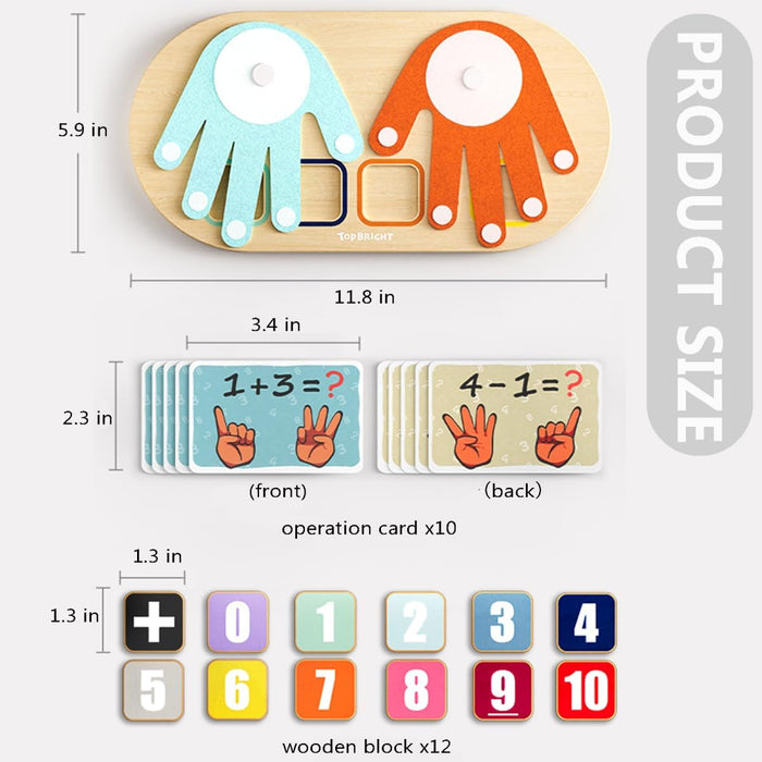 Wooden board with two movable hands, ten math flashcards, and twelve numbered wooden blocks for counting and arithmetic.