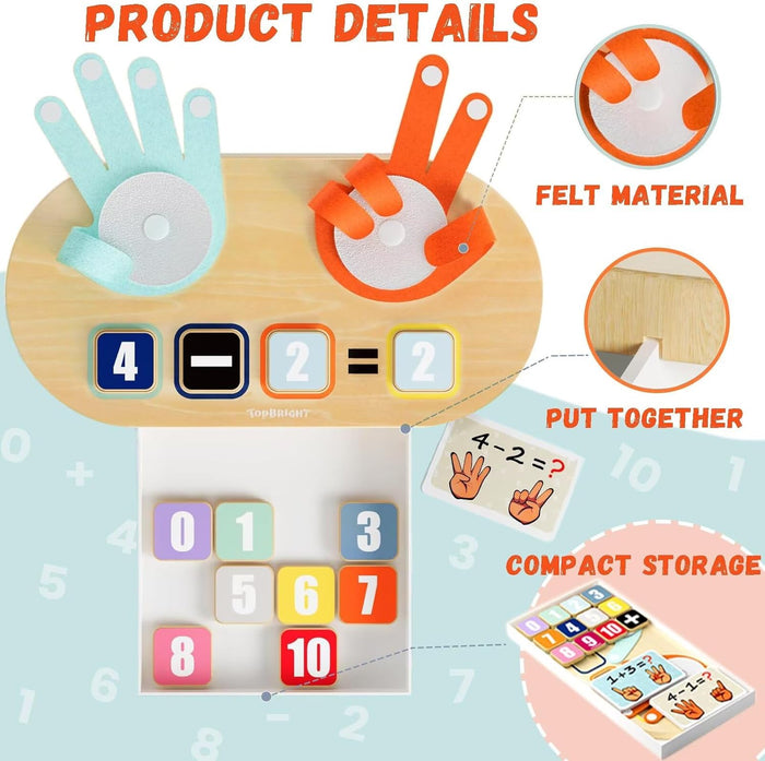 Wooden math board with blue and orange felt hands, number tiles for equations, and a built-in storage drawer.