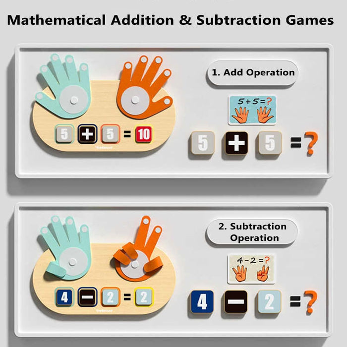 A finger math toy showing 5+5 addition and 4-2 subtraction with colorful, adjustable finger hands and number tiles.