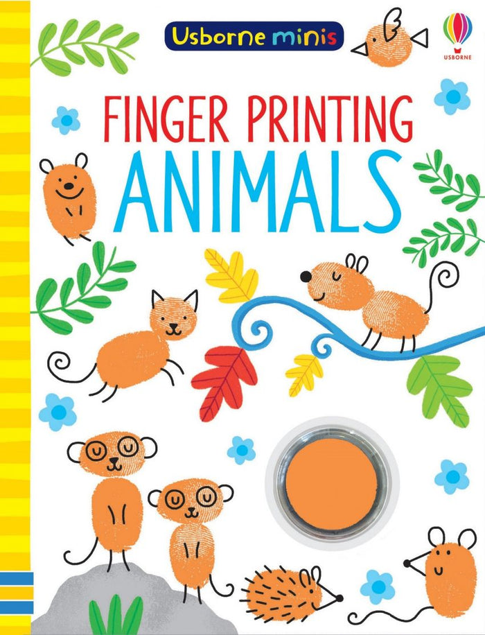 Book cover with orange fingerprint animals, colorful leaves, and a built-in circular orange ink pad.