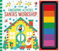 Santa's Workshop fingerprint book with a yellow house cover and an attached seven-color rainbow ink pad.