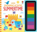 Activity book cover with a beach scene and sandcastle, next to a vertical strip of seven rainbow-colored ink pads.