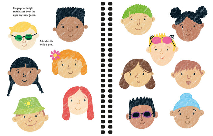 Activity book page showing diverse cartoon faces with colorful hair, ready for fingerprint sunglasses to be added.