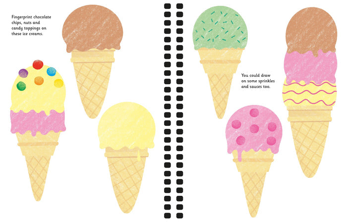 Colorful ice cream cone illustrations on an activity book page for adding fingerprint toppings and decorations.