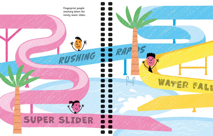 Colorful water park scene with pink, blue, and yellow slides, palm trees, and illustrated fingerprint people.