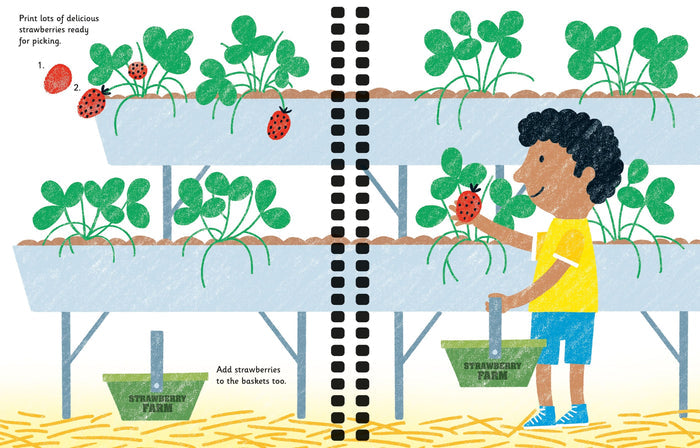 Illustrated activity page showing a boy picking red fingerprint strawberries from tiered planters into a green basket.