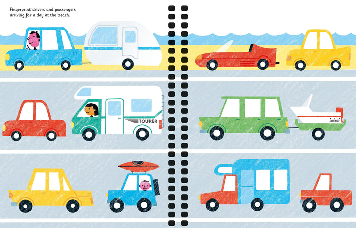 Vibrant children's activity book page with colorful cars and campers to be filled with fingerprint drivers.